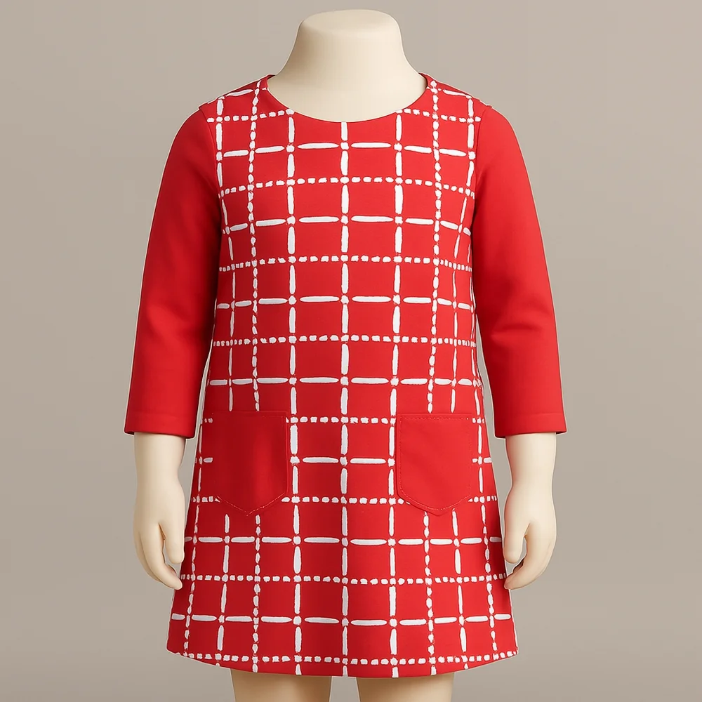 Gymboree Girl’s Red & White Grid Long Sleeve Dress - Size 10 - With Front Pocket